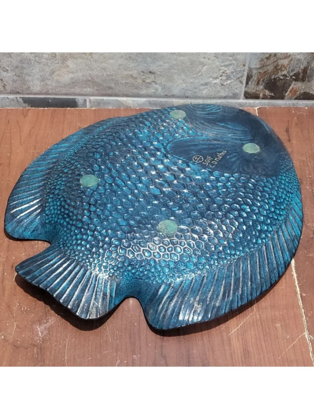 Iridescent Glass Parrotfish Decorative Tray Signed SOIF CD Mathis Large Serving